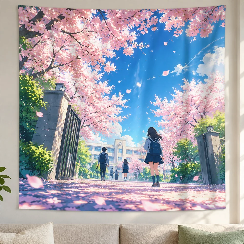 VIKAMA Graduation Sakura Anime Tapestry Wall Hanging, Aesthetic School Anime Room Decor Tapestries for Bedroom Study Living Room