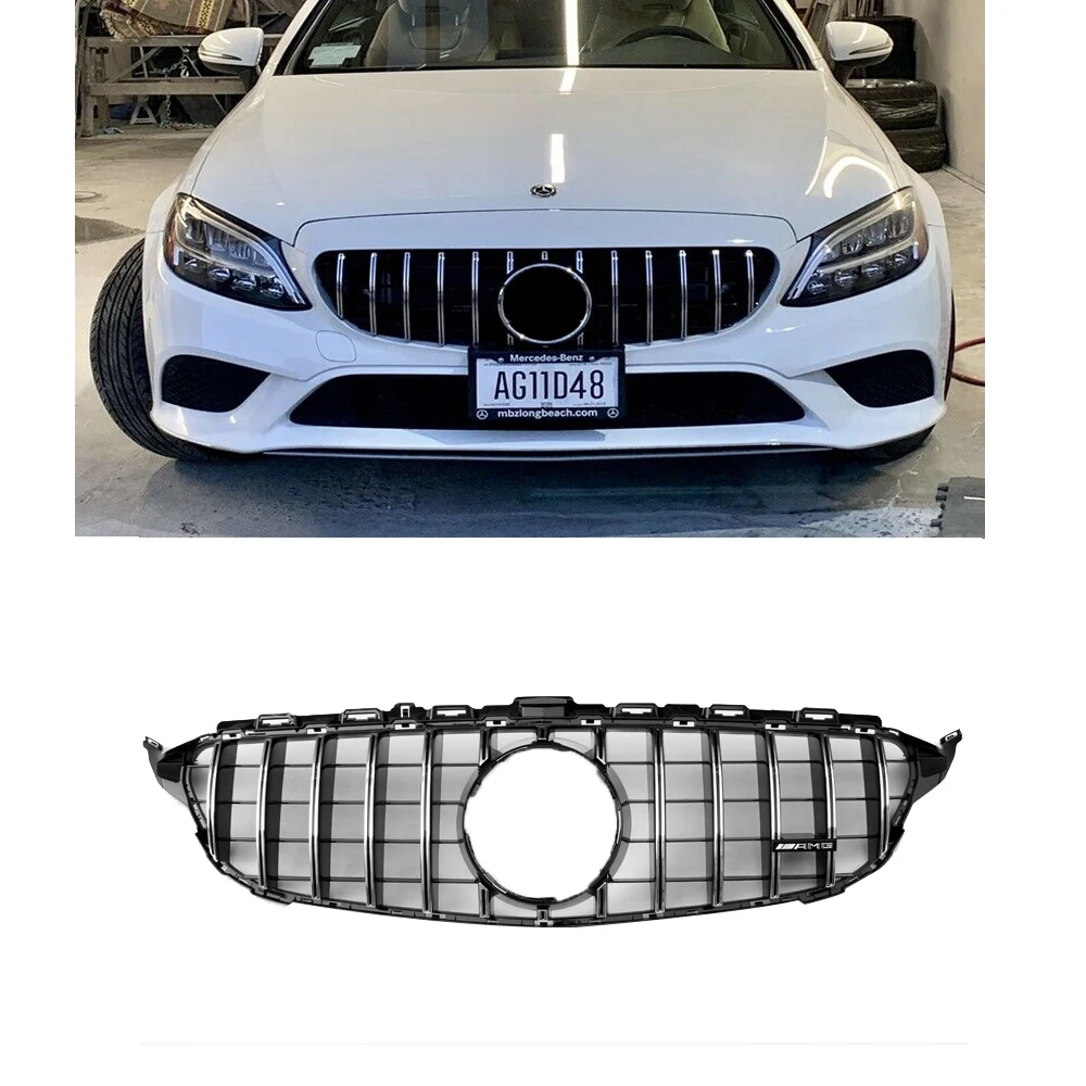 W205 GT R Mesh Grille for Mercedes C Class C250 C300 C350 ABS Black Front Bumper Grill 2019 2020