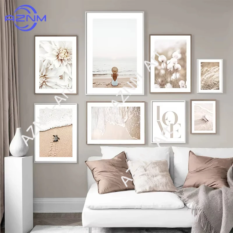 Beige Blumen- und Graslandschaft Leinwand-Wandkunst Bohemien Strand-Landschaft Nordische Moderne Wohnungsdekoration Poster und Drucke