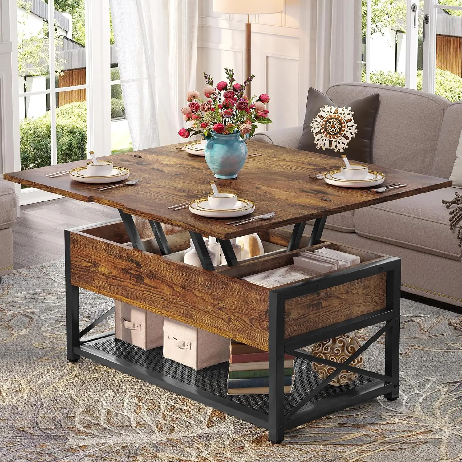 

43" Lift Top Coffee Table, 3 in 1 Multi-Function Coffee Table with Storage for Living Room, Rustic Brown.