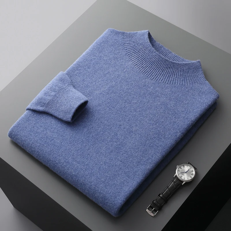 Autumn and winter new men\'s 100% beautiful slave pure wool semi-high collar solid color knitted business cashmere sweater top