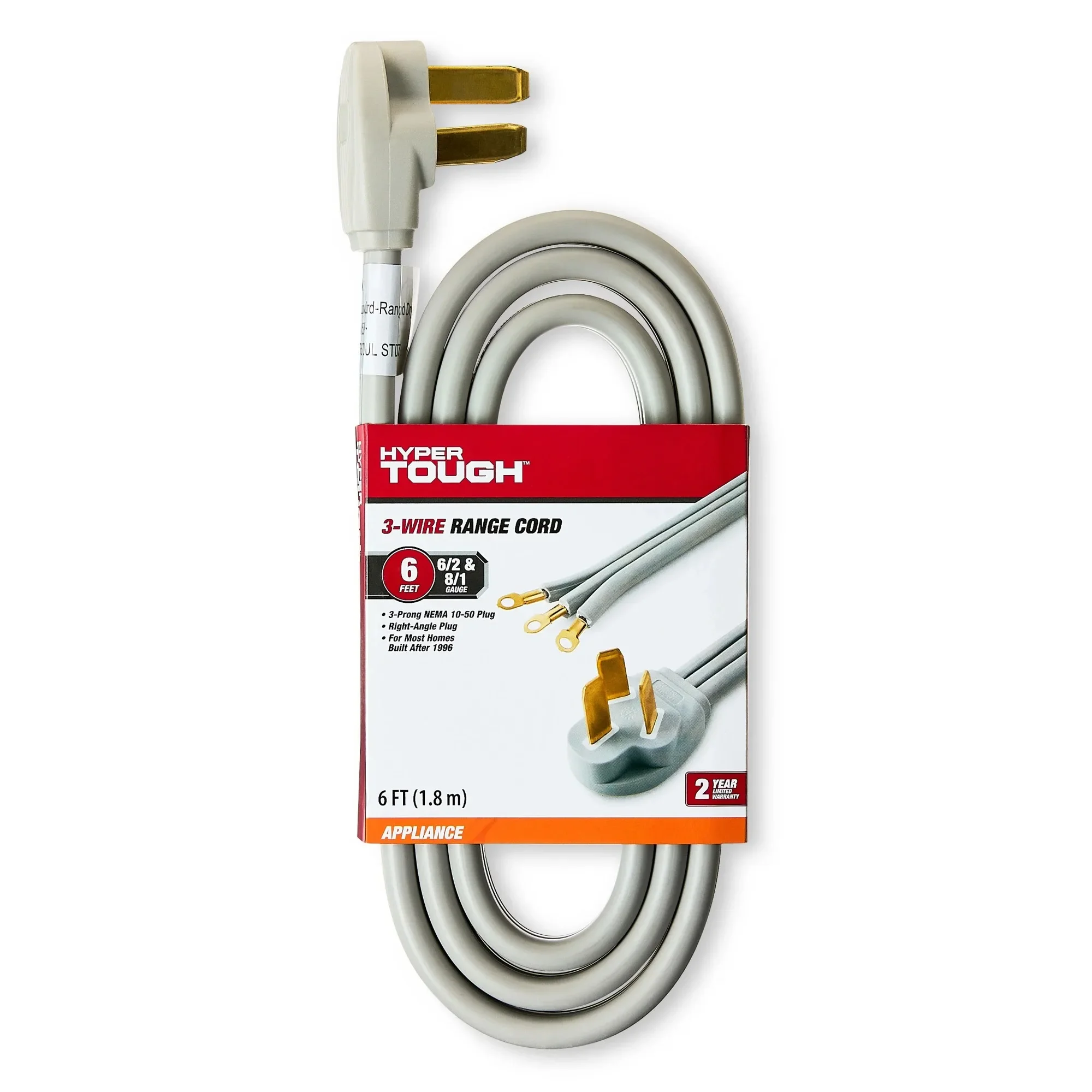 

6-Foot 3-Wire Range Cord, 50 Amps, Grey, Right-angle Plug, 125/250V, 50A