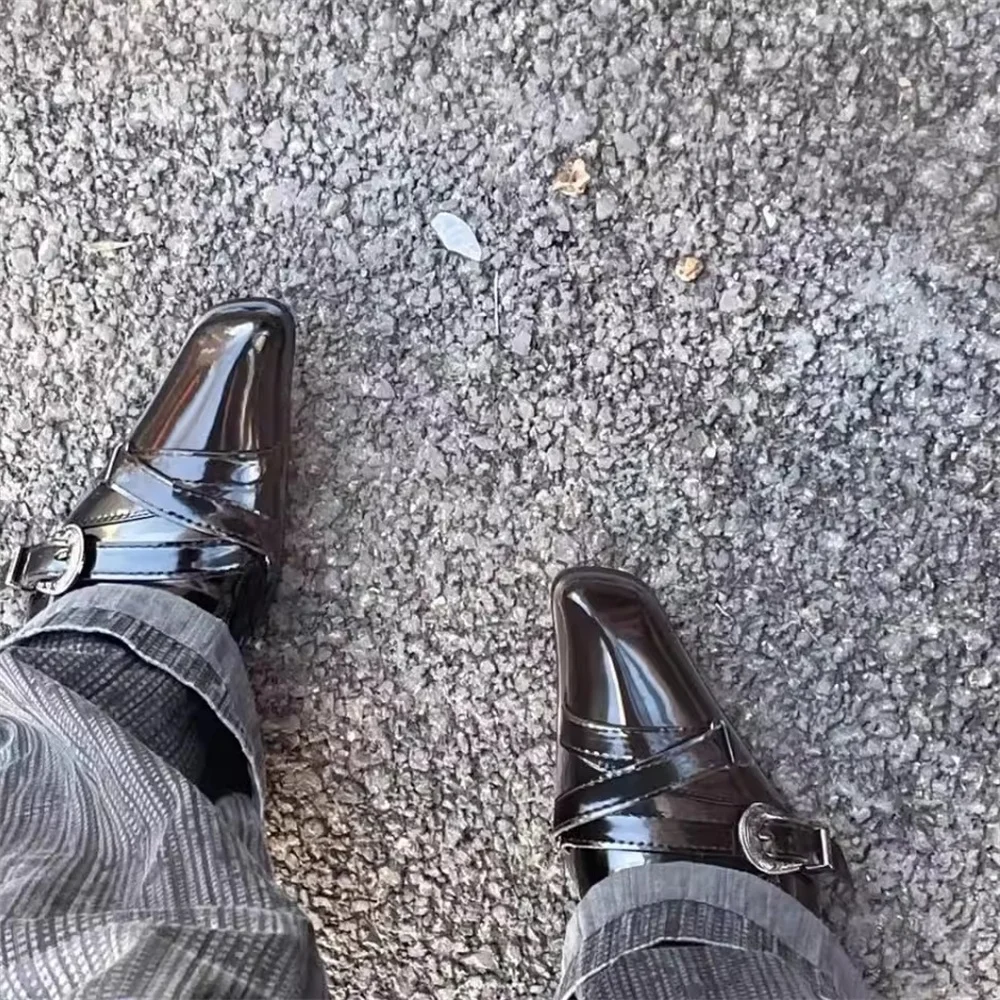 Dark Irregular Upturned Thick Heel Casual Leather Shoes Men Retro Metal Buckle Strap Square Toe Lace Up Party Single Shoe