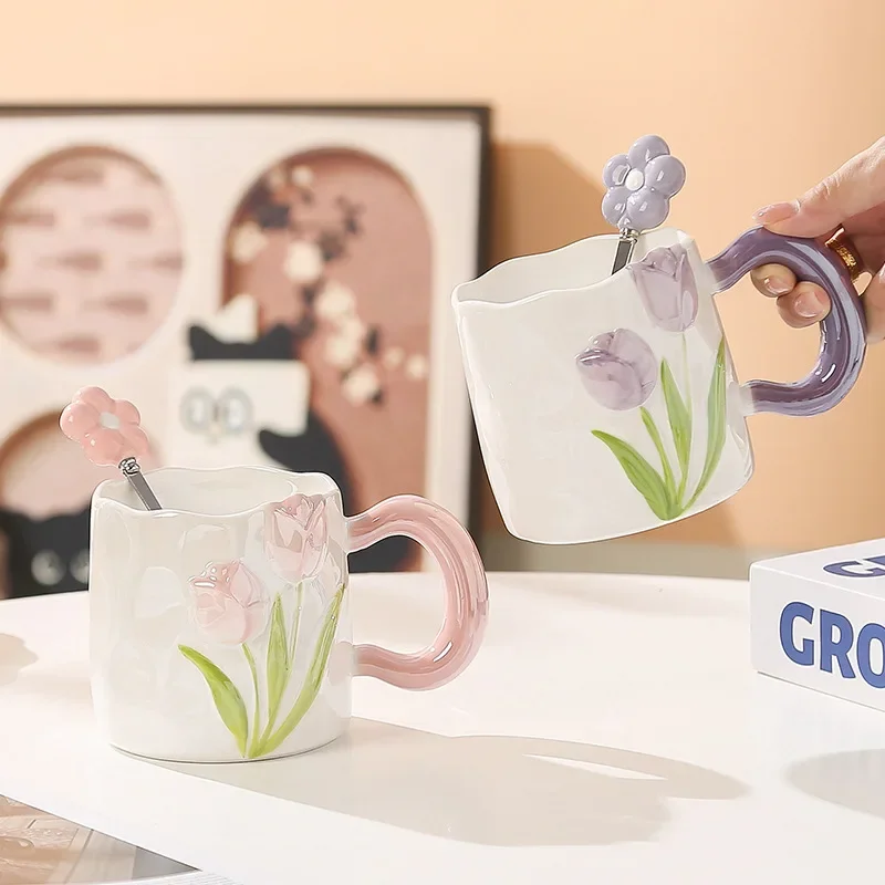 High-value Hand-painted Tulip Water Cup,  Flower Relief Mug, Ceramic Wedding Gift, Irregular Shape, Large Capacity,450ml