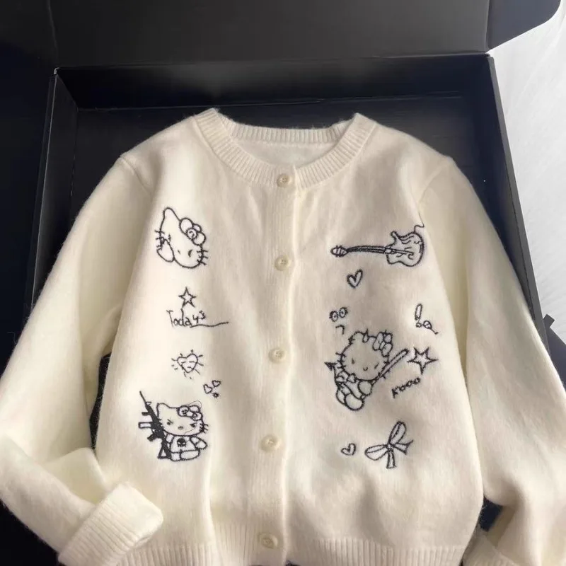 

Hello Kitty, осенний милый модный вязаный кардиган с длинными рукавами и вышивкой для девочек, свободный ленивый свитер, короткое пальто, топ