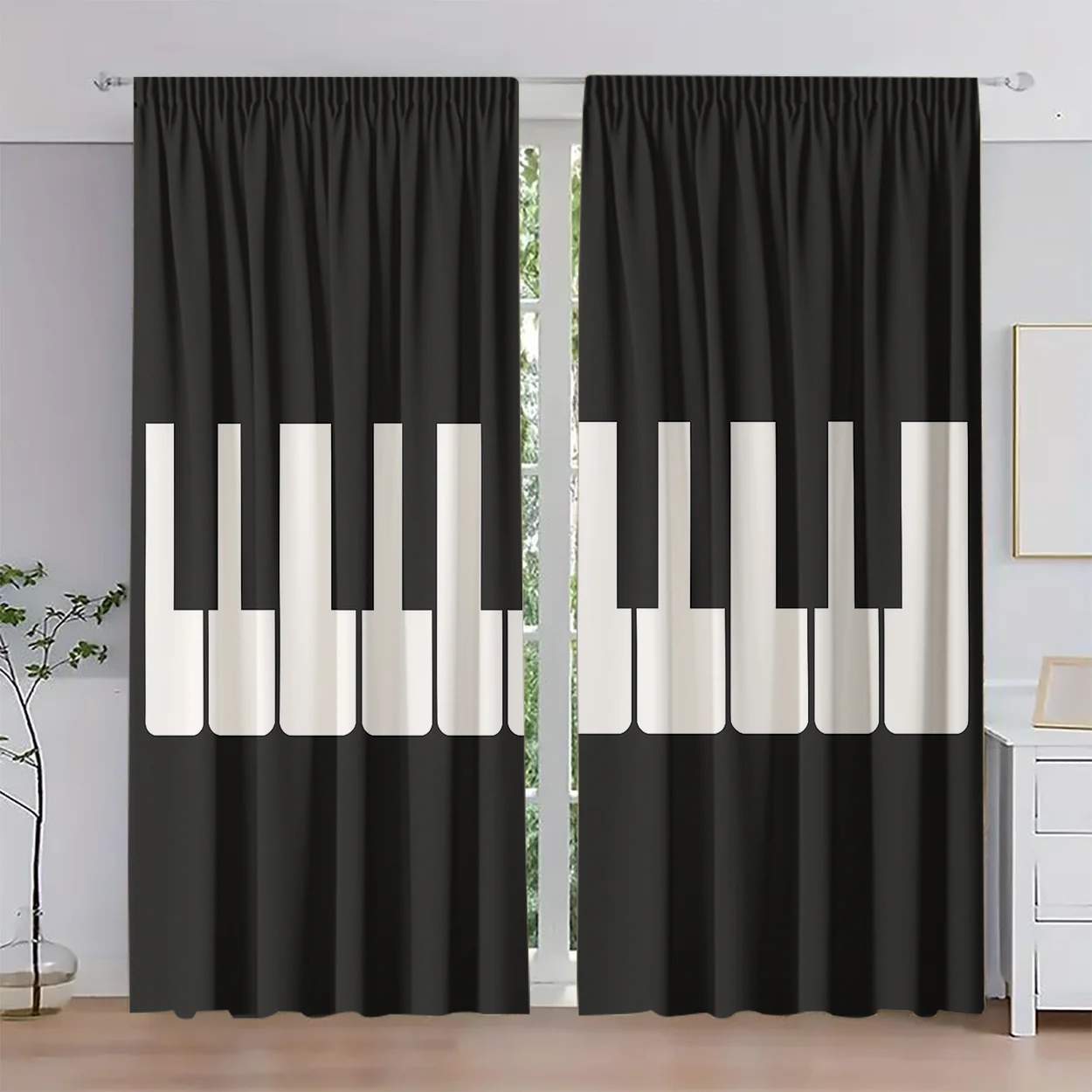 Minimalistische Vorhänge mit Klaviertasten-Motiv, moderner schwarz-weißer Vorhang für Wohnzimmer, Schlafzimmer, Fensterdekoration, Heimdekoration