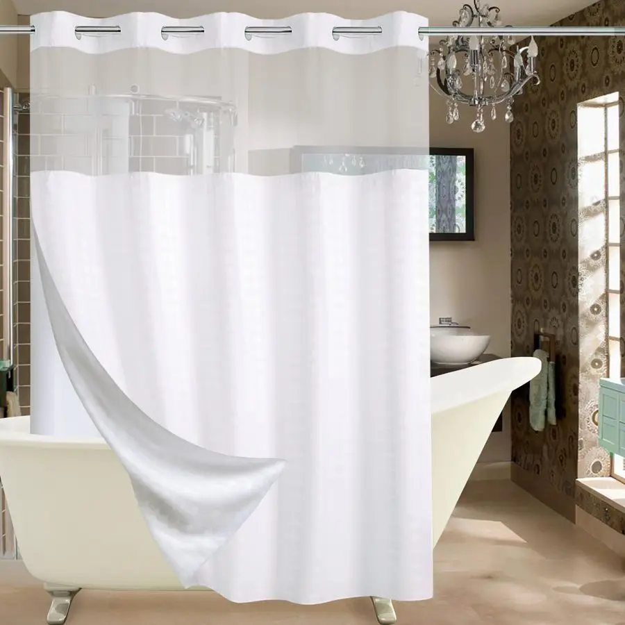 No Hook Shower Curtain with Snap in Liner Set, Hotel Luxury White Shower Curtains for Bathroom with See Through Top Window, Wate