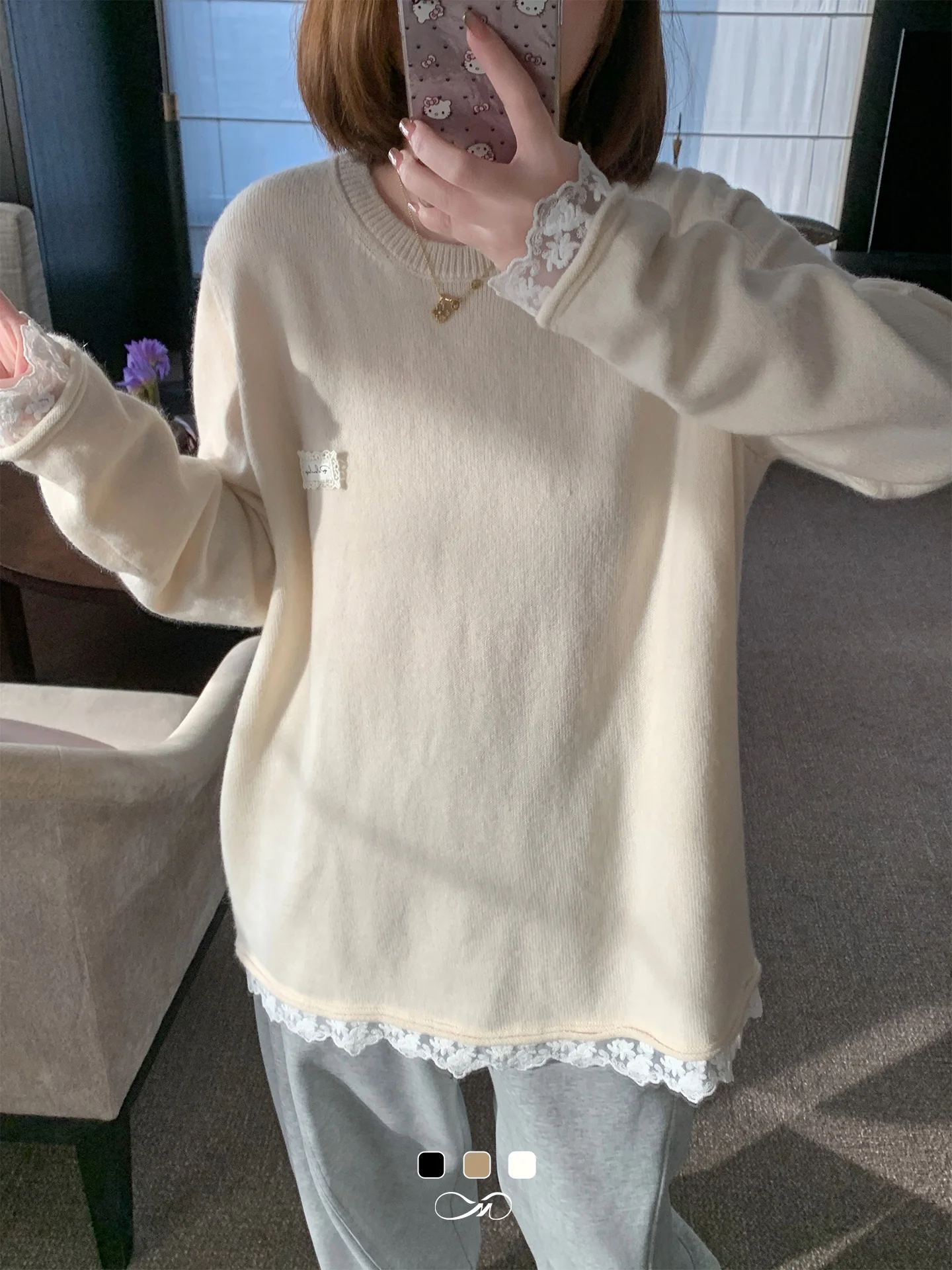 

Женская вязаная кофта больших размеров с кружевной отделкой и вставками, зимняя, свободного кроя, с эффектом похудения, с длинным рукавом, повседневная, из смесового полиэстера