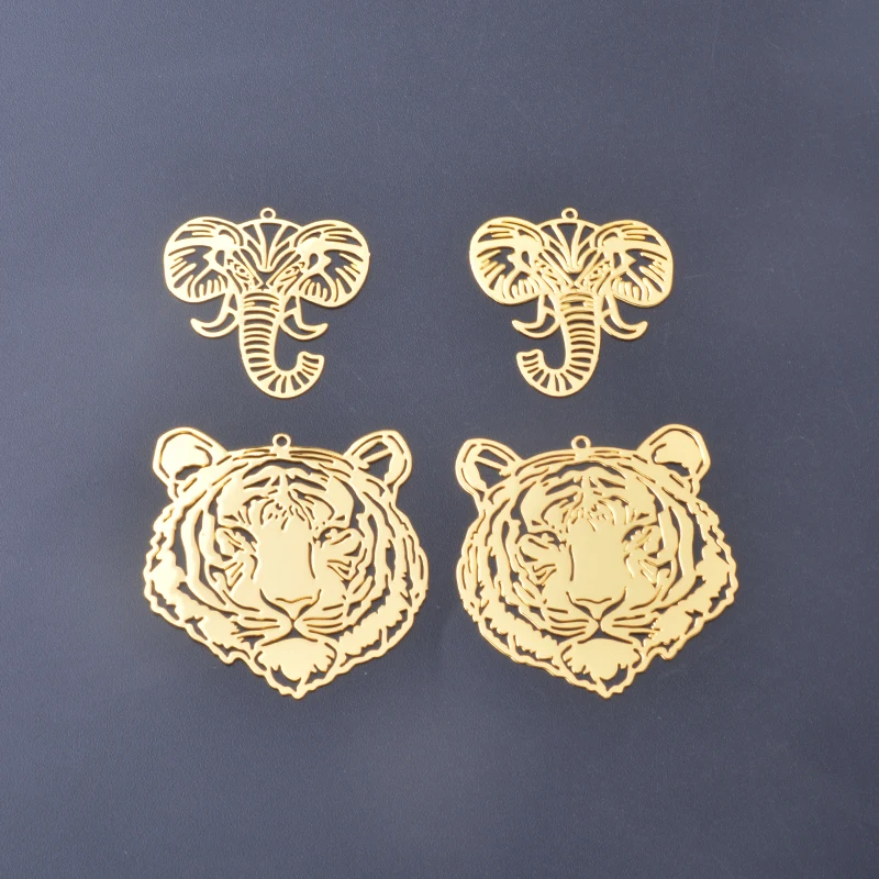 10pcs AB8555 Stainless steel Tiger Charms Brass Golden elephant Pendant Jewelry Earring Accessories