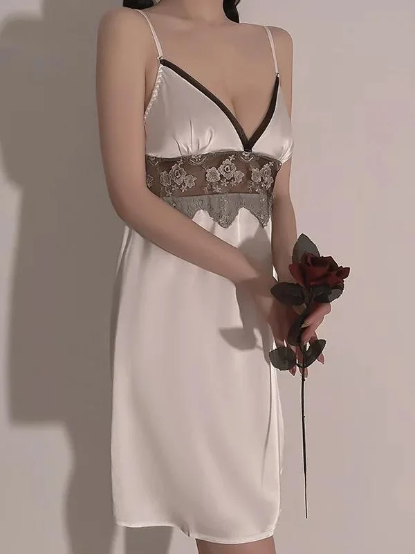 صيف جديد ربيع مثير عميق الخامس الساتان خياطة شبكة التطريز الحمالة فضفاضة الخصر منظور الشيفون فستان بتصميم بدلة أنيقة N5ZW