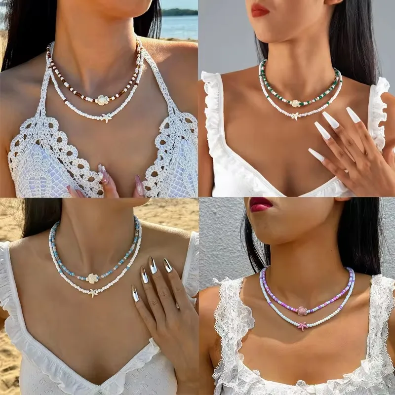 Tocona Bohemian Colorful Bead Necklace for Women Summer Handmade Starfish Tortoise Choker Chain Beach Jewelry Accessories