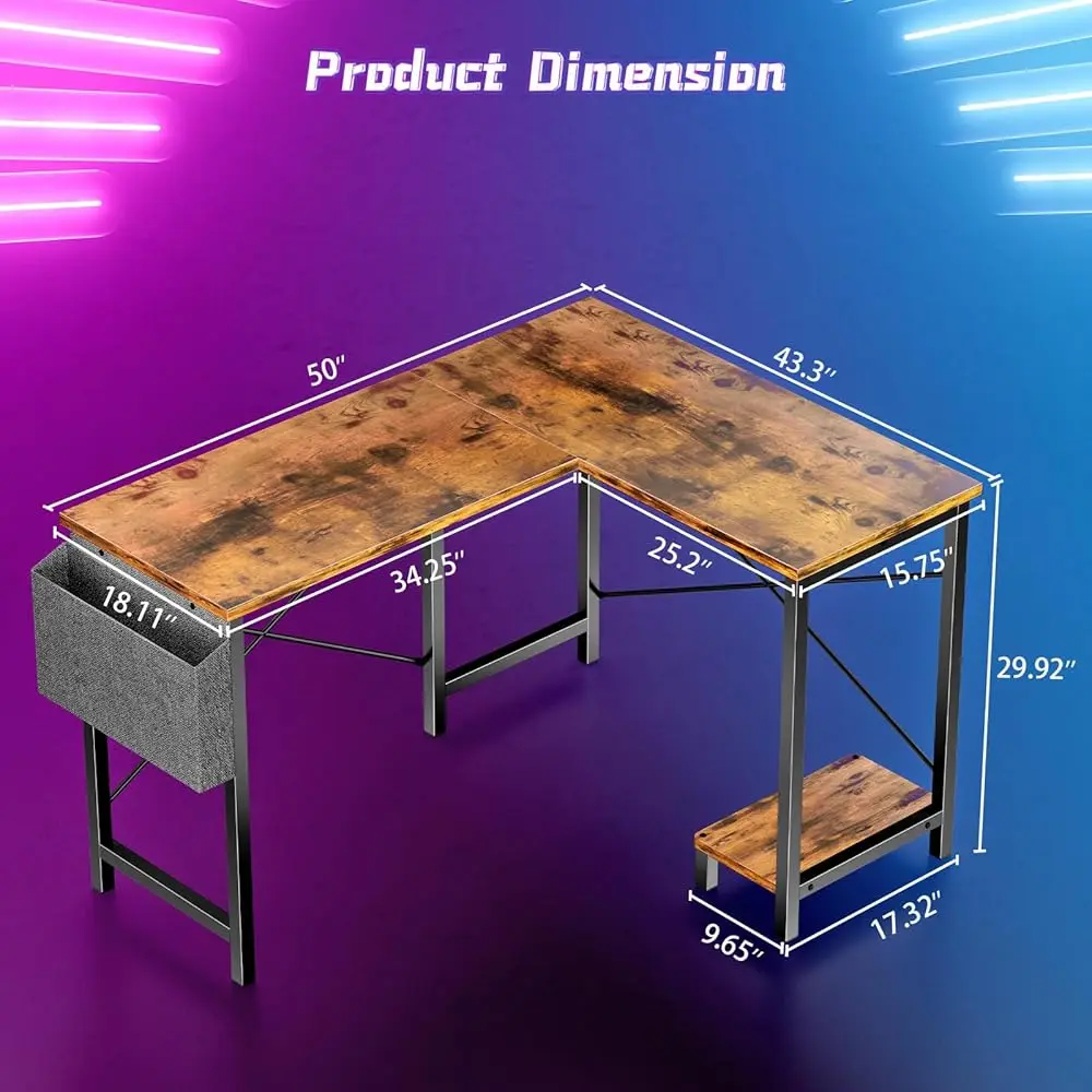 L Shaped Computer Desk Wood Corner Pc Gaming Table With Side Storage Bag For Home Office Small Spaces