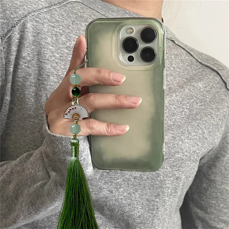 

Crystal transparent white light retro dyed green phone case with chain for iPhone 11 12 13 14 15 16 promax