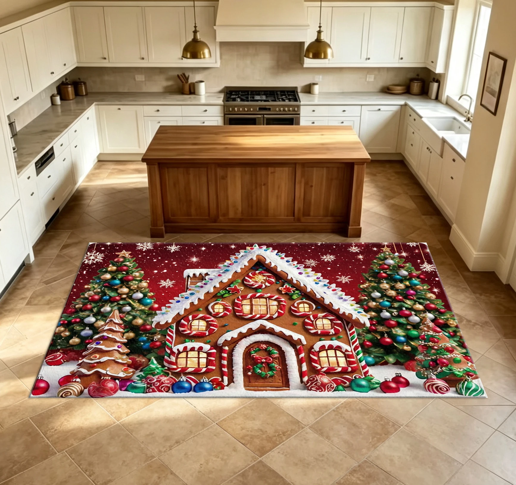 Christmas Gingerbread House Carpet, Festive Christmas Tree Snowflake Non-Slip Floor Mat, Suitable for Holiday Home Decoration