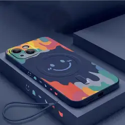 For Magsafe Silicone Case For iPhone 14 Pro Max Graffiti Smile Magsafing Cover For Apple 13 12 Pro Max 14 Plus Wriststrap Fundas