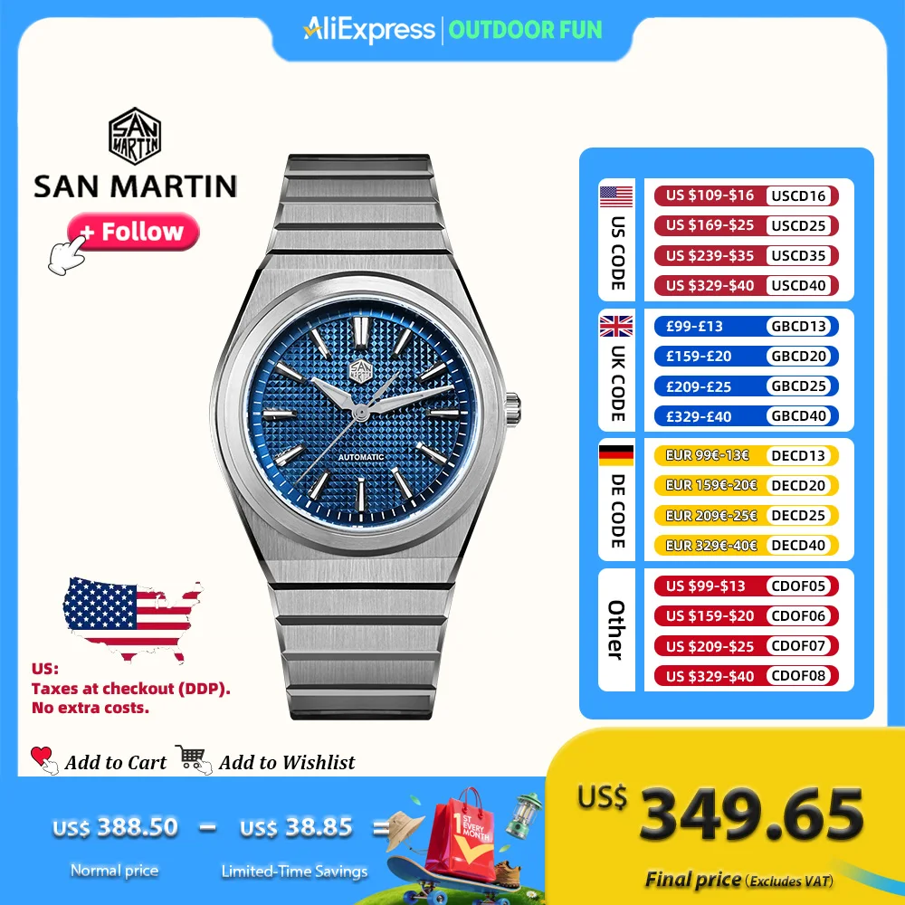 

Мужские часы San Martin 40 мм SN0152: роскошные спортивные часы с автоматическим механизмом Miyota 90S5, вафельным циферблатом и интегрированным браслетом, прозрачной задней крышкой