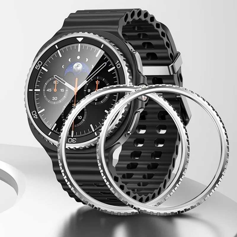 إطار معدني لساعة سامسونج جالاكسي 8 الكلاسيكية 46 ملم حافظة حلقية غطاء لاصق واقيات شاشة من الزجاج المقسى ملحقات Watch8