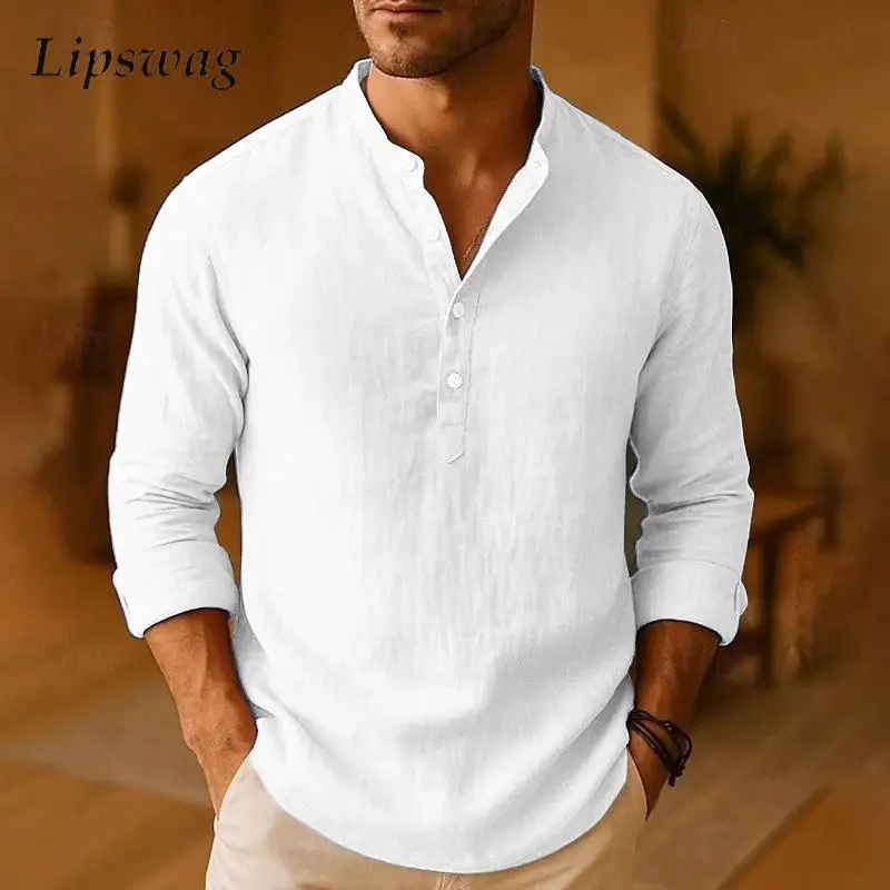 

Classic Solid Color Linen Shirts Mens Vintage Button-up Stand Collar Shirt Tops Men Spring Autumn New Casual Breathable Shirts