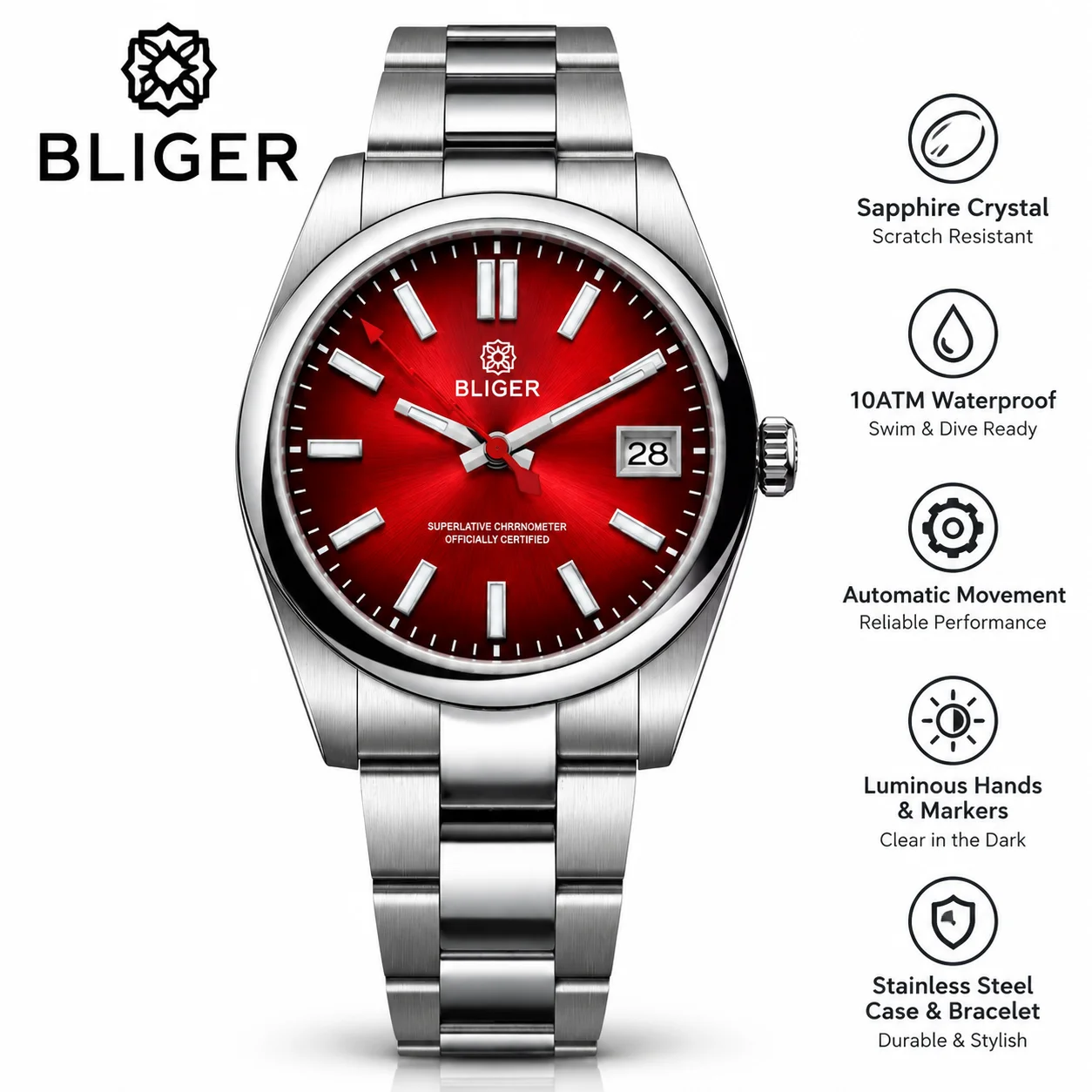 BLIGER Luxury Automatic NH35A Mechanical Wristwatches Red Sunburst Dial Red Lightning Hand Polished Case Men Customizable Watch