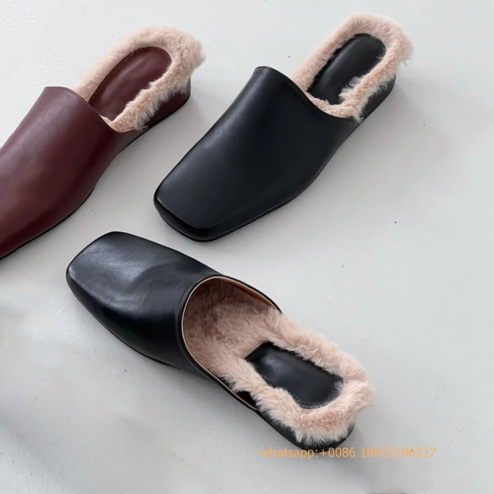 

Genuine Leather Plush Ladies Mules 2024 Autumn Winter Retro Thick Heel Slippers Slip On Outdoor Casual Black/red Closed Slides