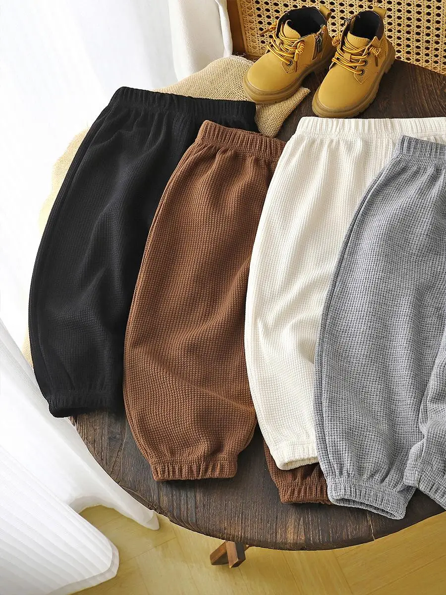 

Весна 2026: Детские однотонные спортивные брюки с вафельным узором, повседневные, с манжетами, модные, в корейском стиле, длинные штаны для мальчиков и девочек