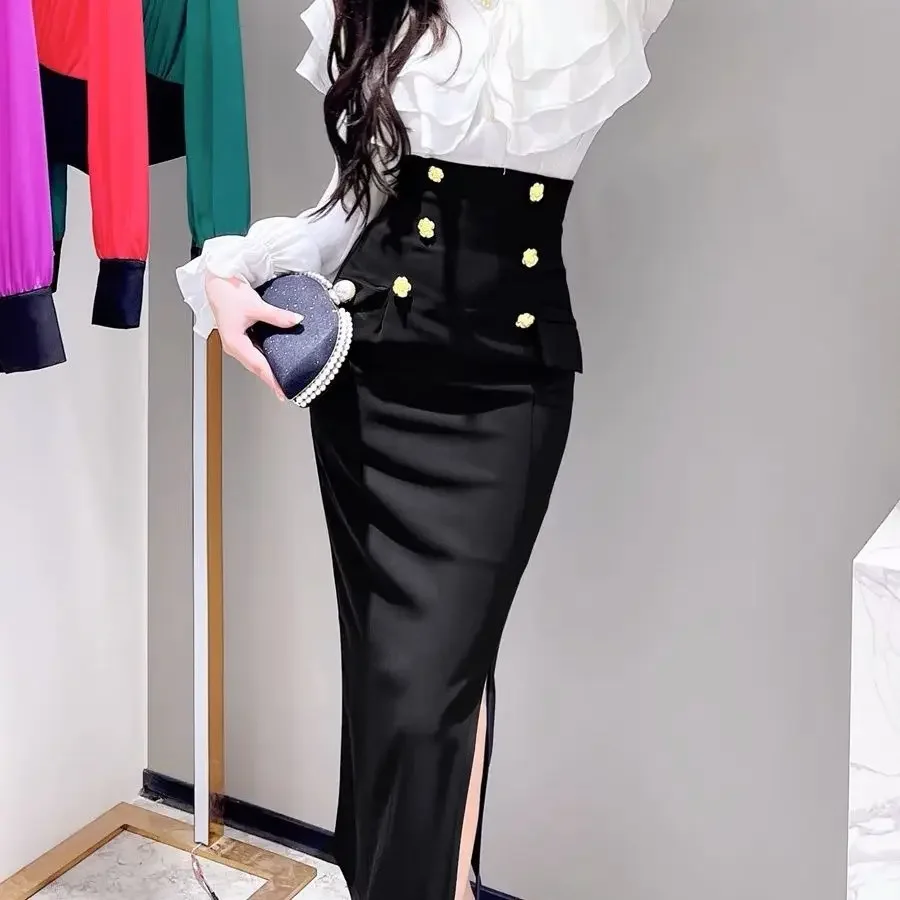 

Elegant Satin Black Trumpet Skirts Female Autumn Fashion Slim High Waist Skirts Women 2024 Solid Office Long Skirt Summer C47