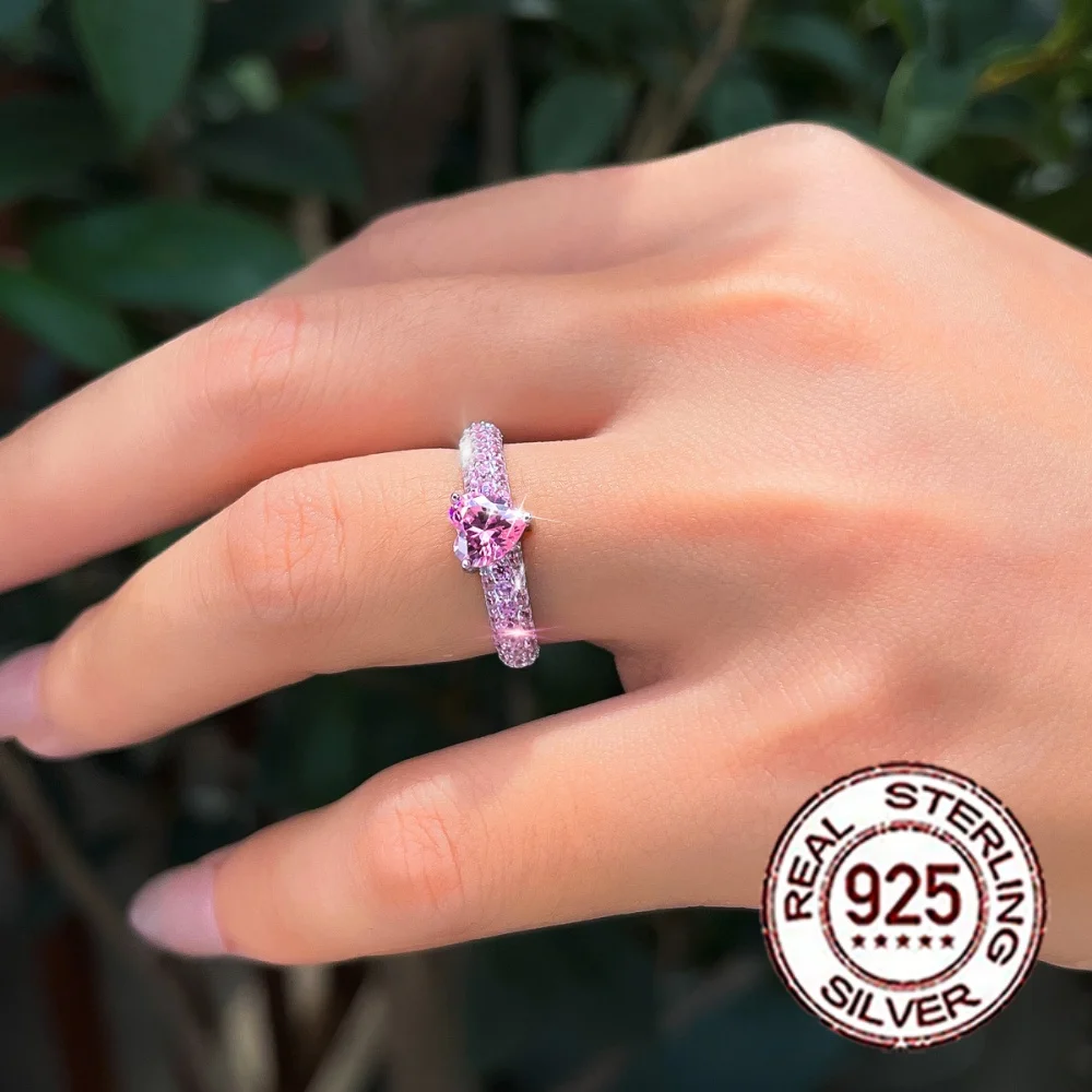 S925 Silberner Herzförmiger Rosa CZ Damen-Versprechensring mit Mikro-Pavé Eternity-Band für Verliebte, Romantischer Schmuck als Geschenk SR109 – Detail 9