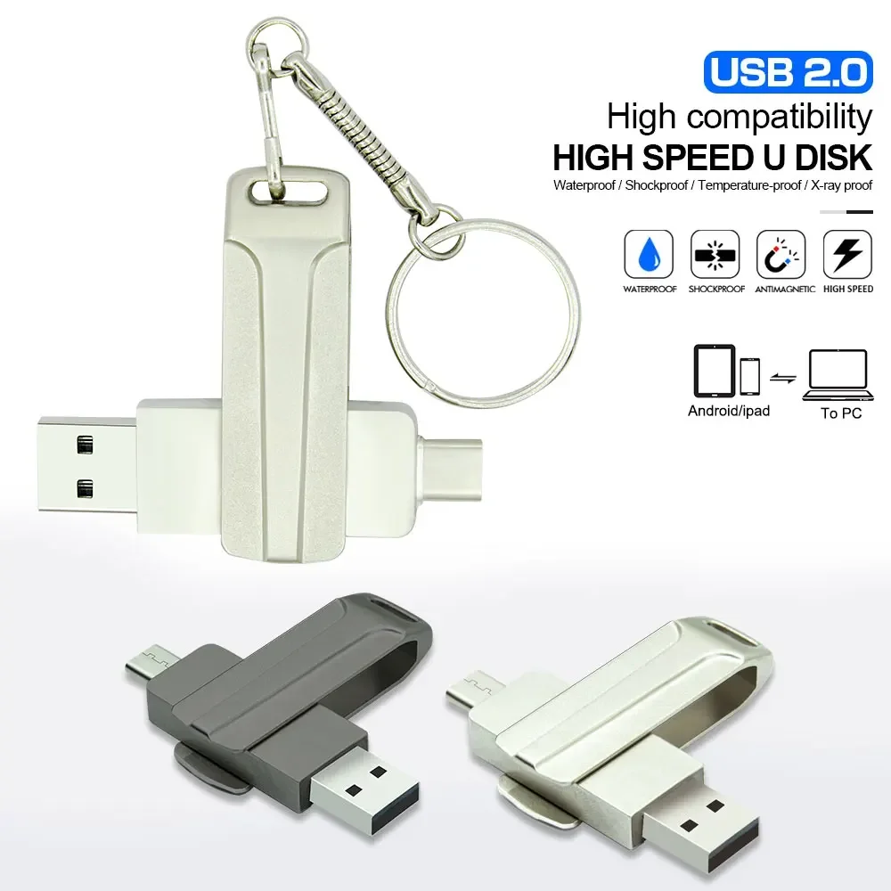 Unidade Flash USB Tipo-C, Memory Stick, Disco U Rotativo, Pendrive, Clipe de Metal, Telefone Android, 16GB, 32GB, 64GB