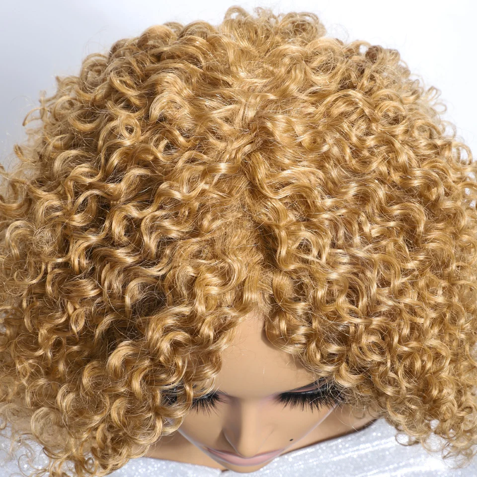 Lekker-Perruque Bob Brésilienne Naturelle Remy, Cheveux Courts, Crépus et Bouclés, Couleur Blond Miel, Faite à la Machine, pour Femme