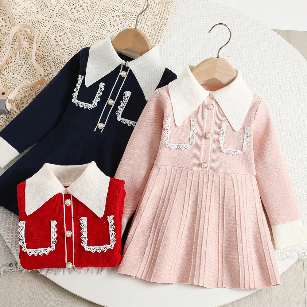 

New Spring Autumn Knitted Sweater Dress Long-sleeved Collared Princess Dress For 3-8Y Baby Girl Fashion Children Clothes