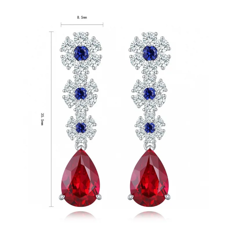 

Ruihe New 925 Silver Earring Pear Shape Total 8.23ct Lab Grown Ruby and 5A Cubic Zirconia Gems Ladies Fashion Jewelry Wholesale