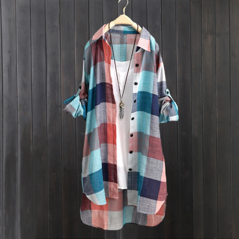 

Женская рубашка миди в клетку, модная хлопково-льняная тонкая верхняя одежда, свободная защита от солнца, дизайн с длинными рукавами Sensation