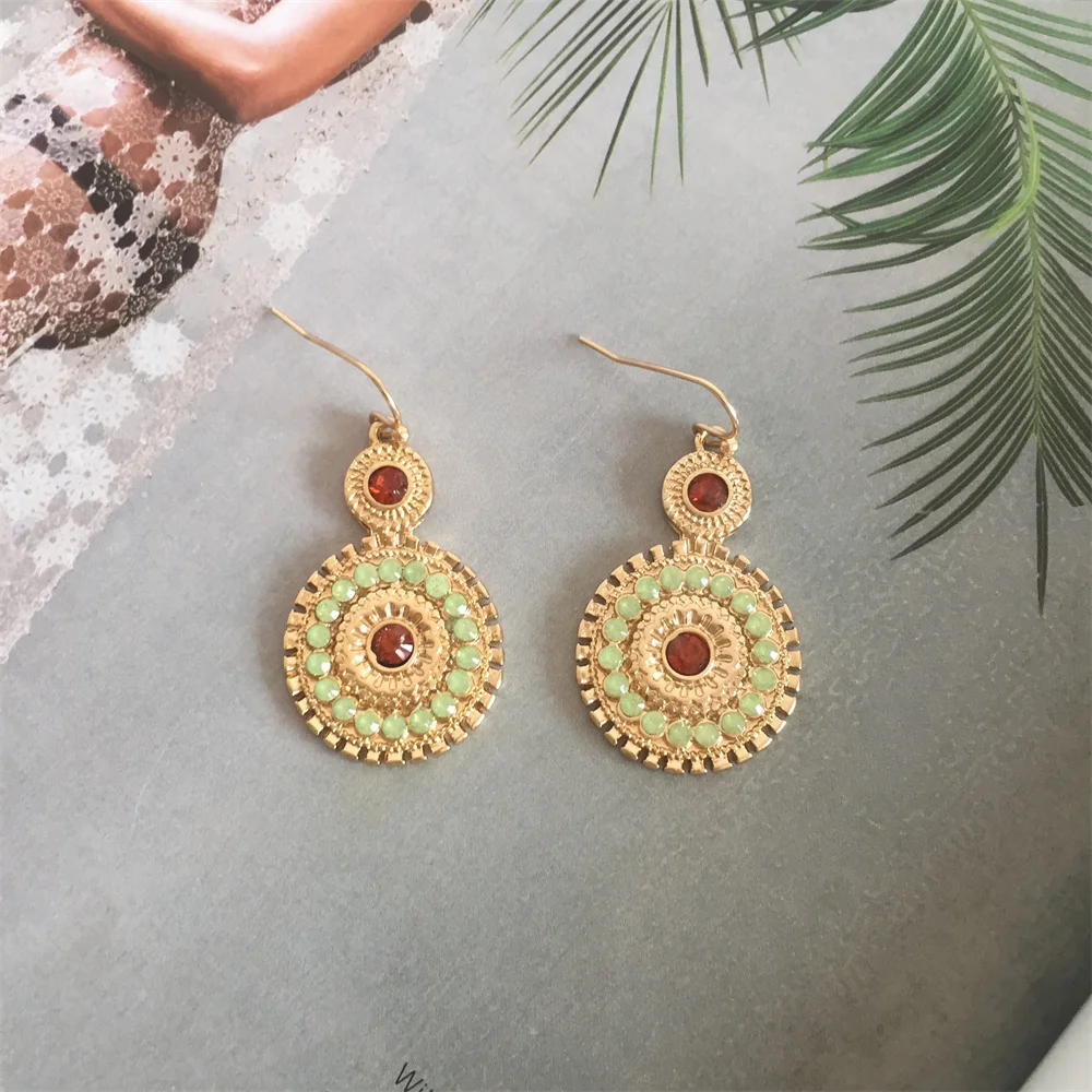 New Arrivals Bohemia Gold Color Light Green Tapaze Stone Decorated Round Disc Drop Earrings For Women Girl Statement Jewelry