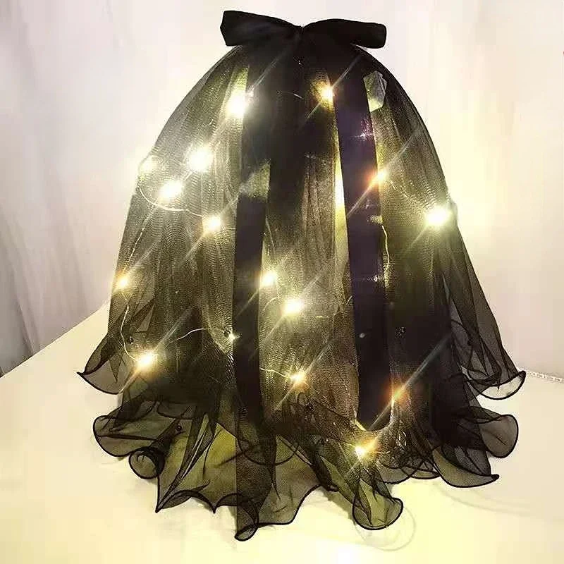 Women Veil White Black Light Up Bridal Veils with Hair Clip Glowing Party Club Devil Angel Cosplay  Glow Party  Wedding Festival