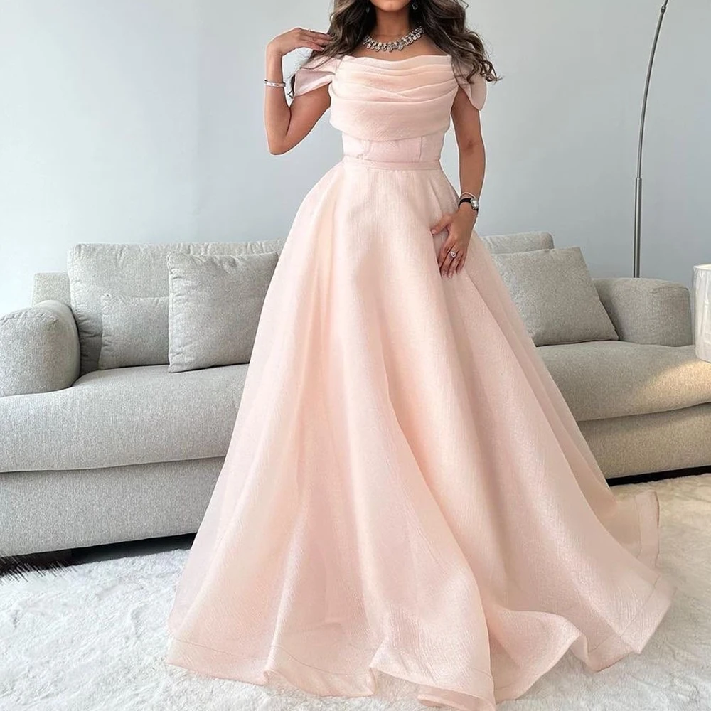 

Customized Modern Draped Pleat Boat Neck Floor Length Evening Dress A-Line Chiffon Off The Shoulder Sweep Train платье вечернее