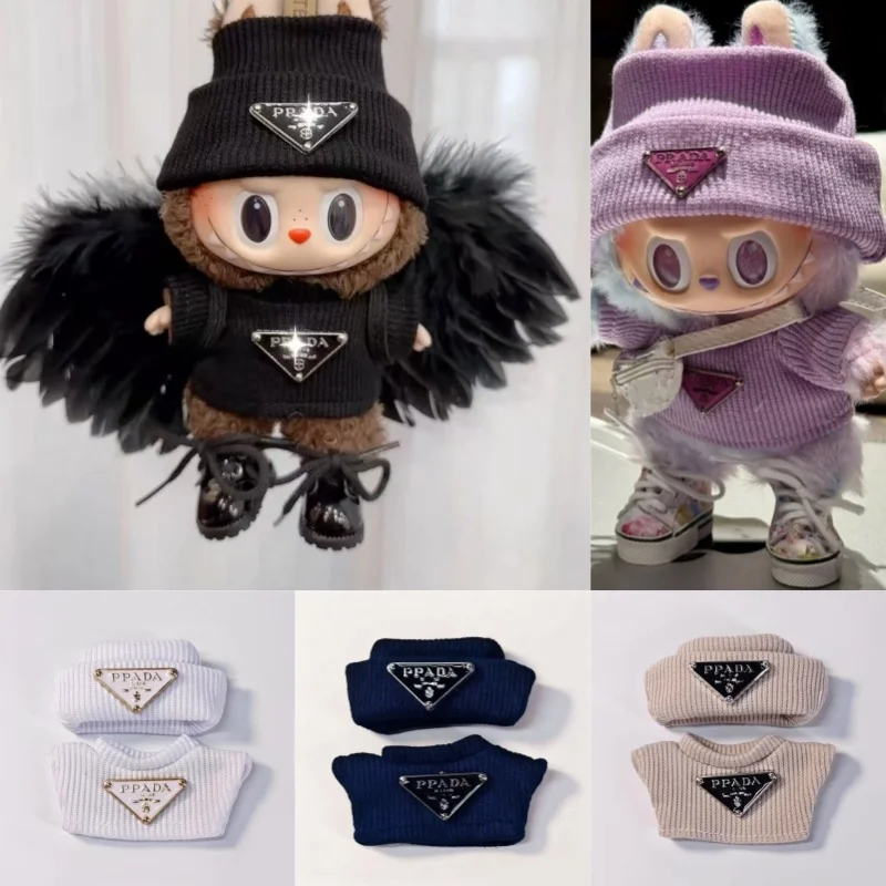 Ubranka dla lalki Labubu 15-17 cm, retro sweter z odwróconym trójkątem, naszyjnik, zestaw akcesoriów: słuchawki, okulary, buty.