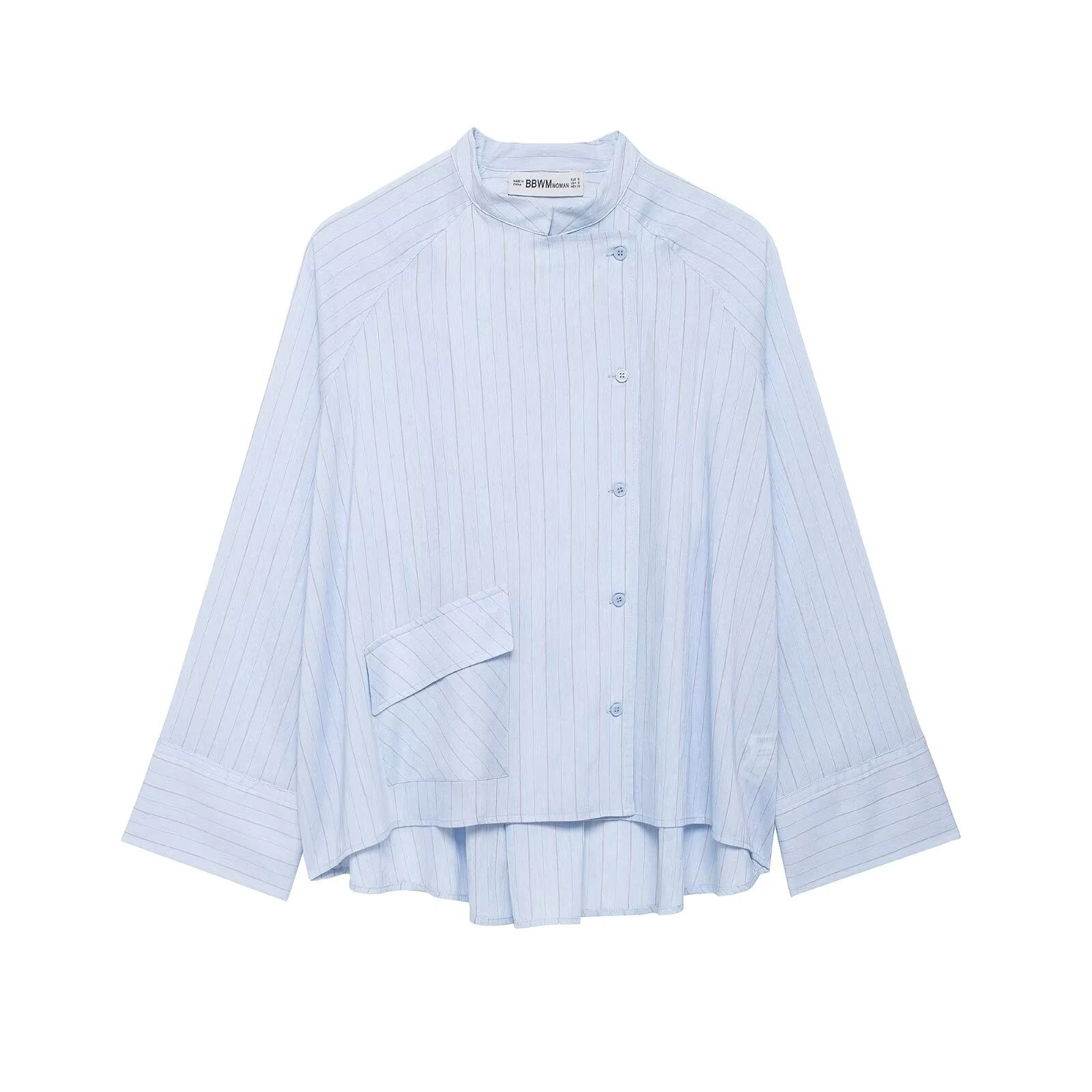 

Spring and summer new women's clothing French round neck long sleeved asymmetrical hem flip chest pocket striped shirt