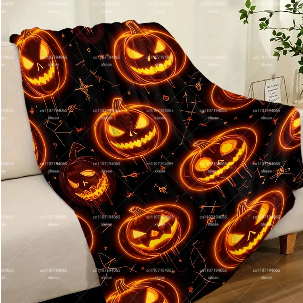 Non‑Luminous Halloween Throw Blanket, Neon‑Effect Jack‑O‑Lantern Pumpkin Spider Star Print Flannel Blanket, Soft Warm Sofa Bed