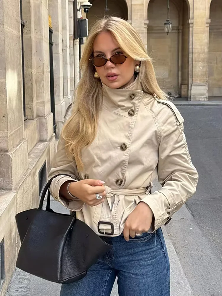 HH Women Fashion Double Breasted Belt Decoration Short Coat Female Autumn Solid High Collar Asymmetrical Casual Street Jacket