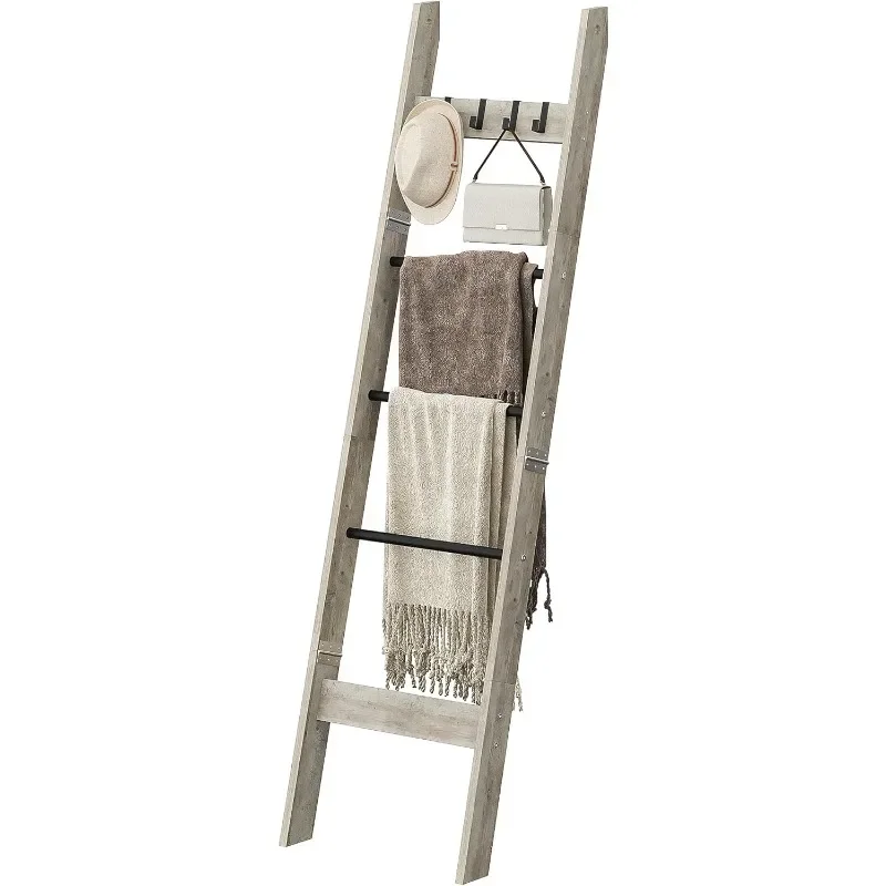 Decorative Wood Quilt Rack with 4 Removable Hooks, 5-Tier Farmhouse Ladder Holder Organizer for Bedroom, Greige