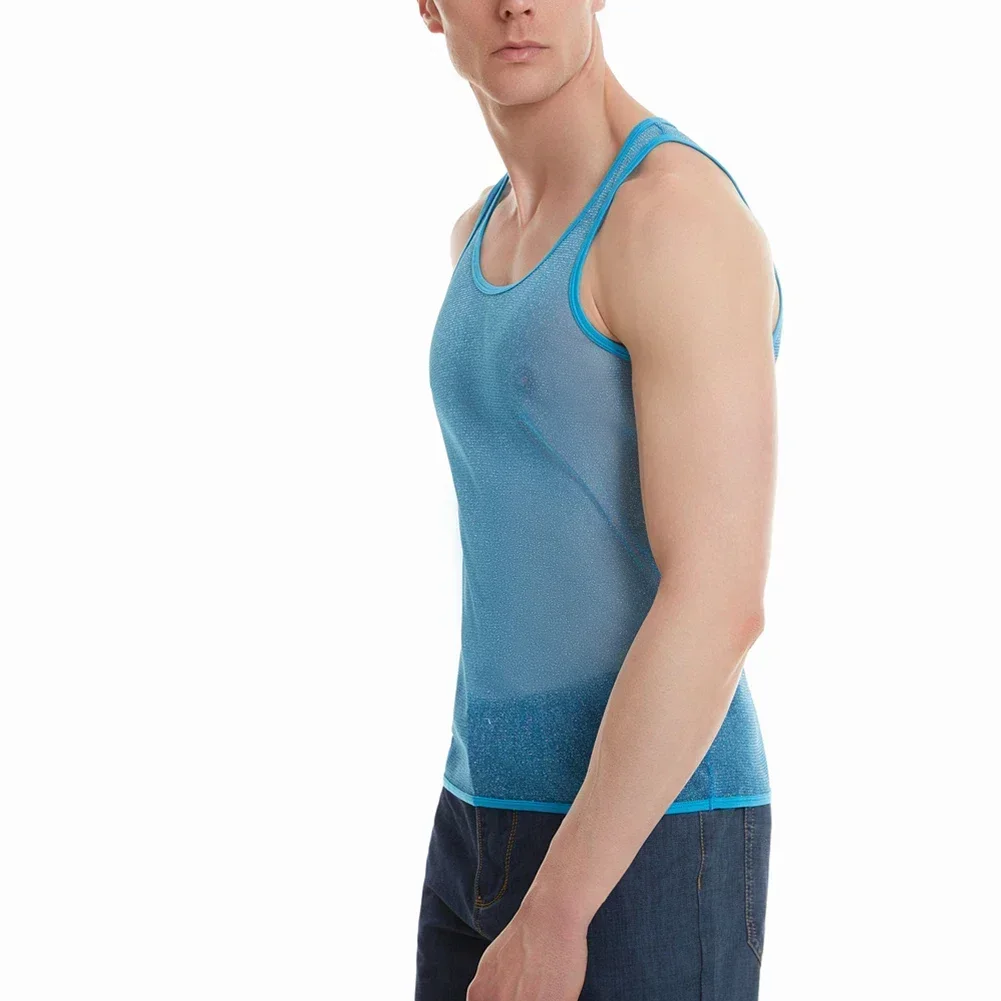 Men Shiny Mesh Muscle Vest Sexy See-Through Undershirt Male Gym Fitness Tank Tops Soft Transparent Undershirt Sleeveless T-shirt