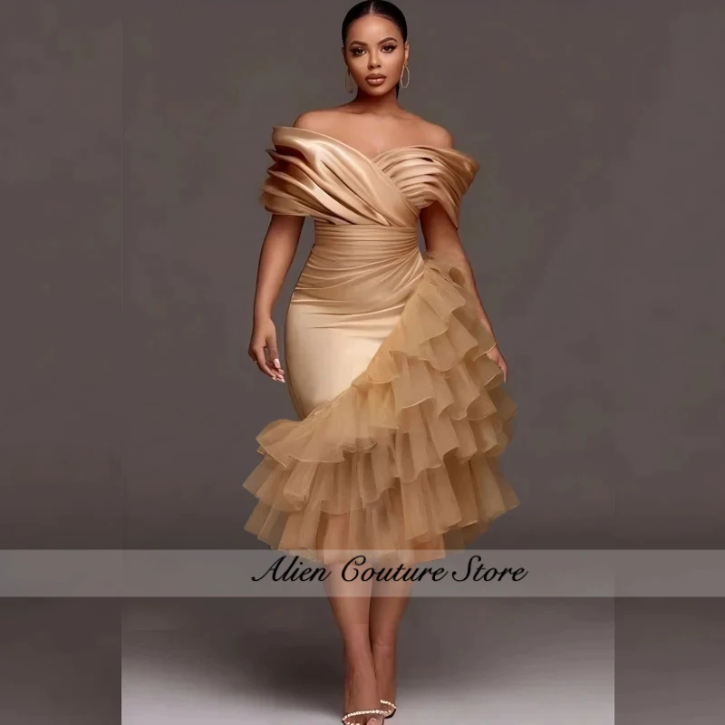 Champagne Off The Shoulder Evening Dress For Women Tiered Ruffles Wedding Party Dress Customized Mother Gowns