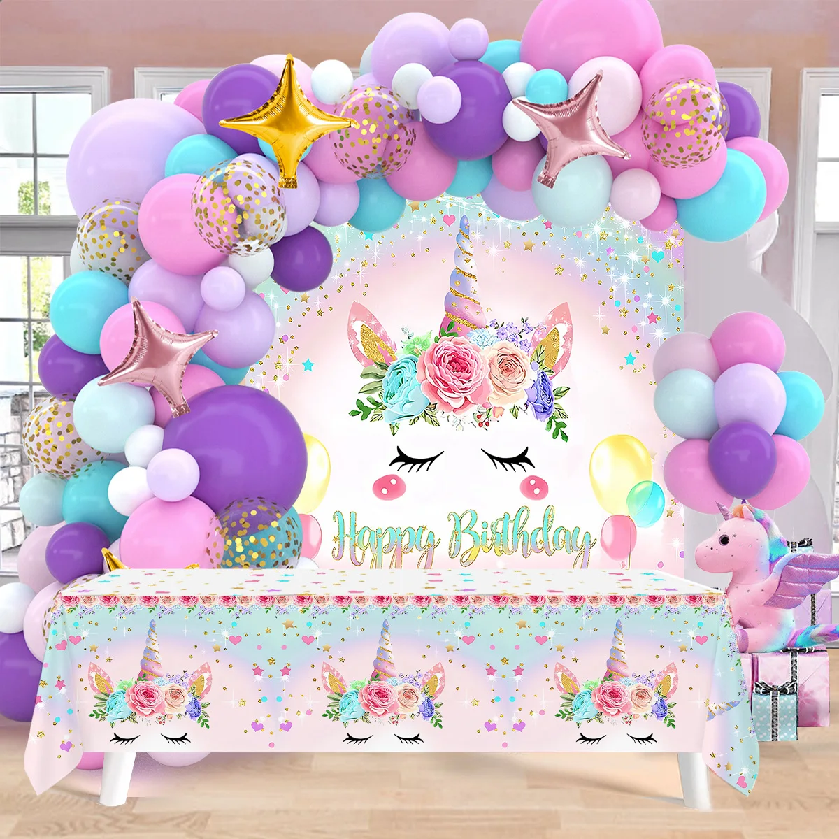 

Rainbow Unicorn Backdrop Balloon Arch Garland Kit Birthday Party Decoration Kids Confetti Balloons Unicorn Party Decorations