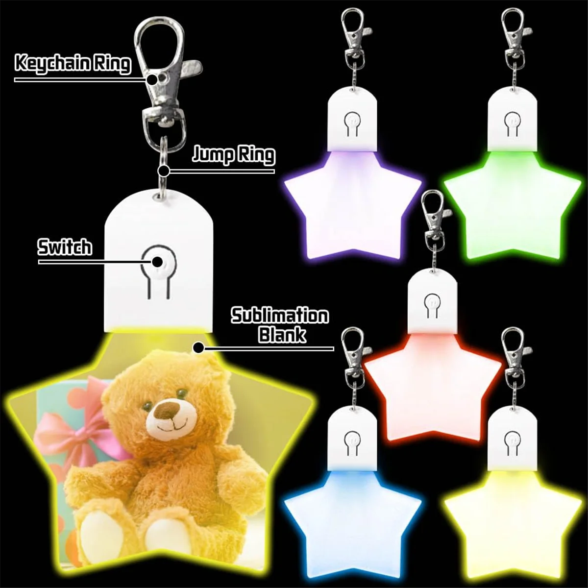 6 ชิ้นระเหิดพวงกุญแจการถ่ายเทความร้อนการพิมพ์ LED อะคริลิคพวงกุญแจ Lighted Keyrings จี้, สี่เหลี่ยมผืนผ้า