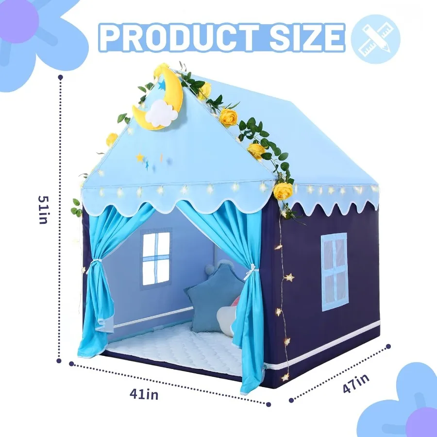 Tente de jeu bleue avec tapis et lumières étoiles pour tout-petits, maison de jeu intérieure, tente de princesse pour filles, maison de jouet, tissu cadeau