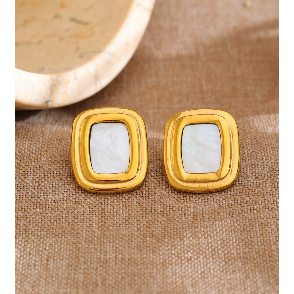 Yhpup Stainless Steel Shell Square Stud Earrings for Women 18K Golden PVD Plated Trendy Fashion Daily Waterproof Jewelry Bijoux