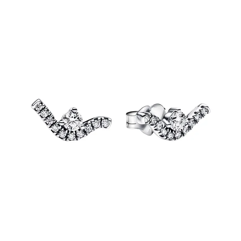 

Sparkling Wave Ear Piercing Stud Earrings For Women 925 Sterling Silver Original Jewelry Prong Setting Round Clear Zircon Stones