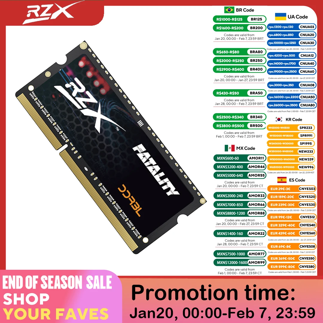 RZX Memoria RAM DDR3L Notebook 8GB 4GB 1.35V 204pin 1600MHz PC3L Laptop Sodimm Memory