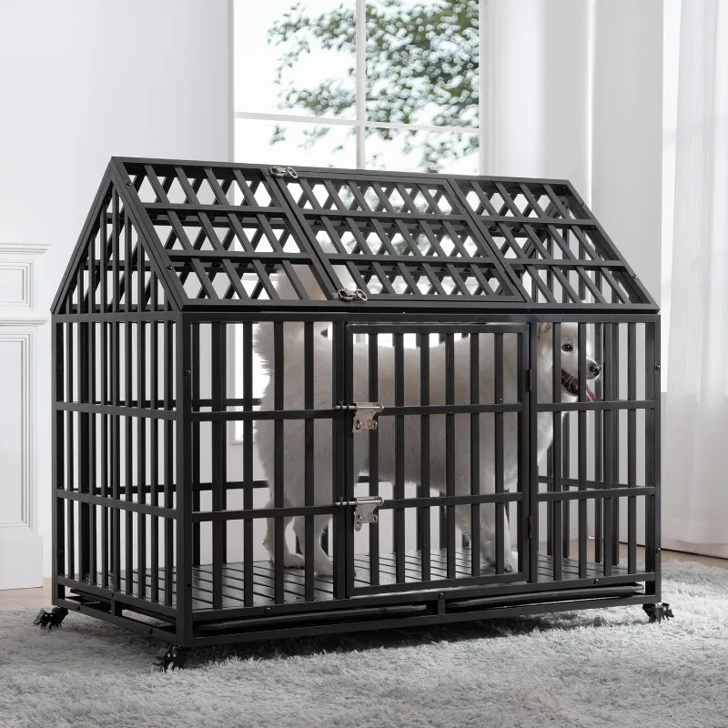 Heavy Duty Indestructible XL Dog Crate Steel Escape Proof,Indoor Double Door High Anxiety Cage,Kennel with Wheels,Removable Tray