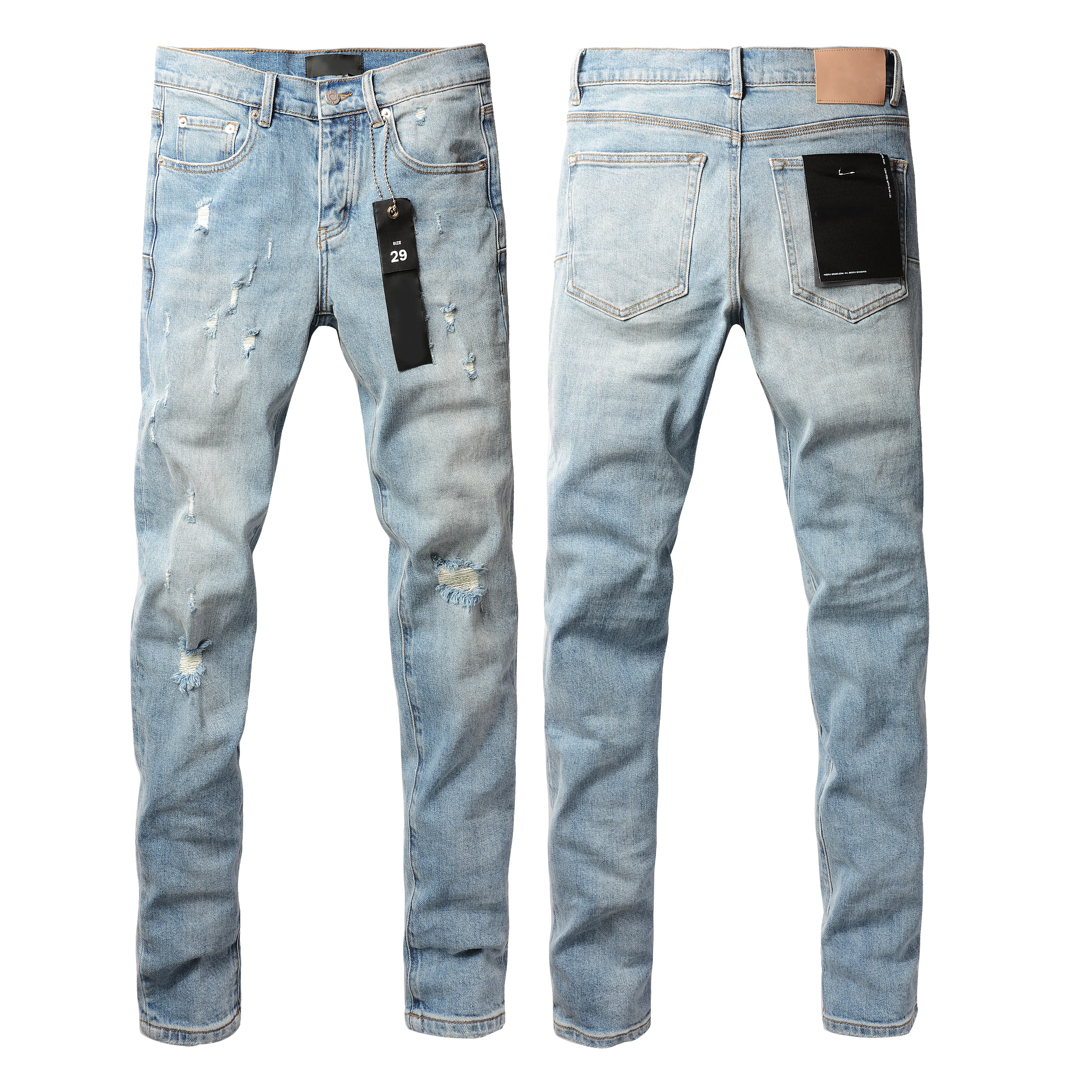 Top quality Purples jeans Men brands Fashion streetwear distressed blue pants fashionable repair low rise tight denim pants